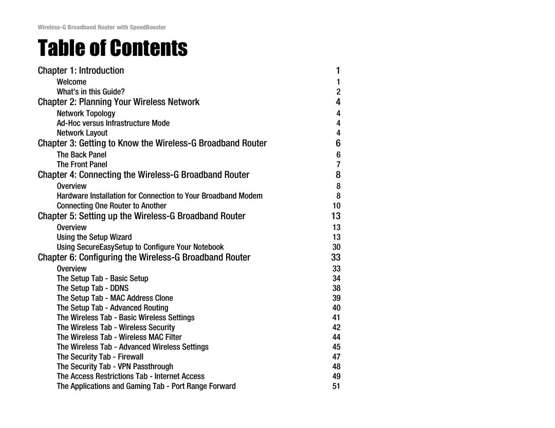 Linksys WRT54GS manual Table of Contents 