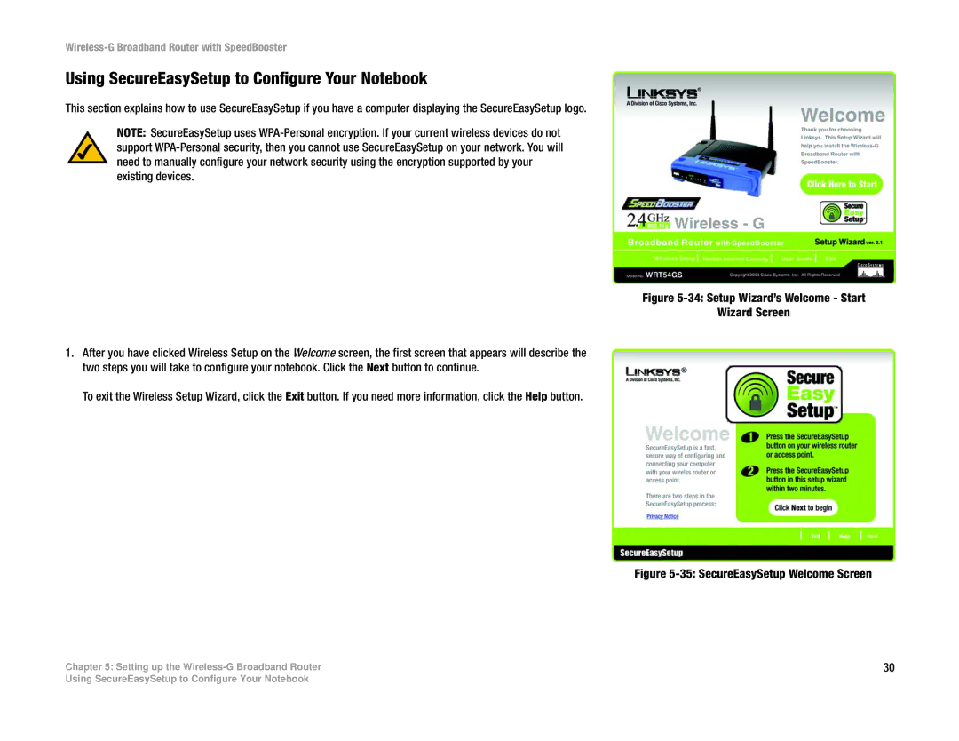 Linksys WRT54GS manual Using SecureEasySetup to Configure Your Notebook, Setup Wizard’s Welcome Start Wizard Screen 