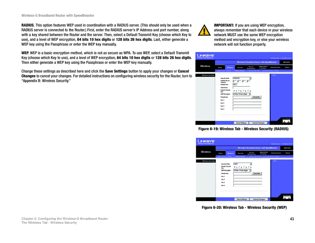 Linksys WRT54GS manual Wireless Tab Wireless Security Radius 