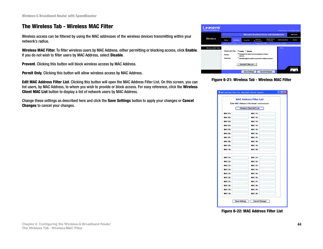 Linksys WRT54GS manual Wireless Tab Wireless MAC Filter 