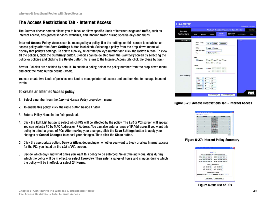 Linksys WRT54GS manual Access Restrictions Tab Internet Access, To create an Internet Access policy 