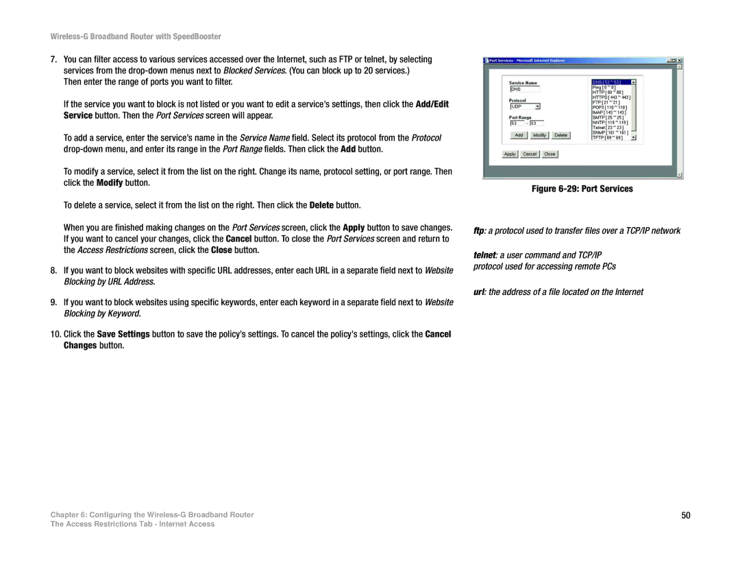 Linksys WRT54GS manual Ftp a protocol used to transfer files over a TCP/IP network 