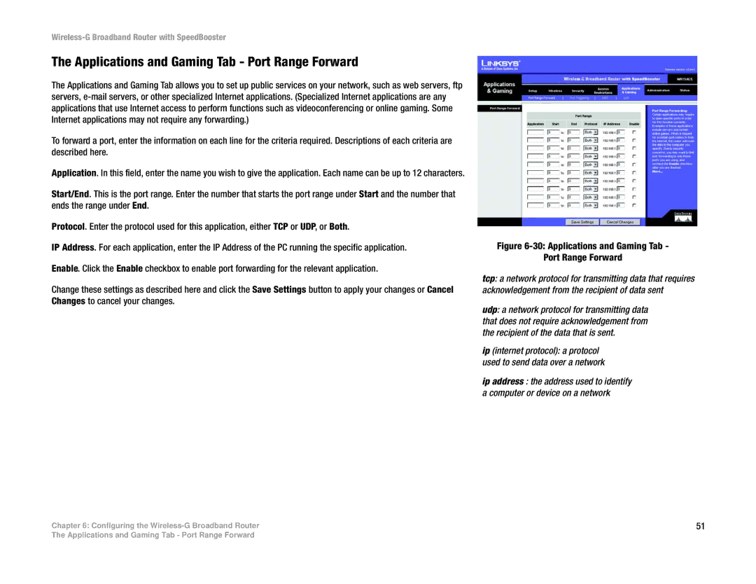 Linksys WRT54GS manual Applications and Gaming Tab Port Range Forward 