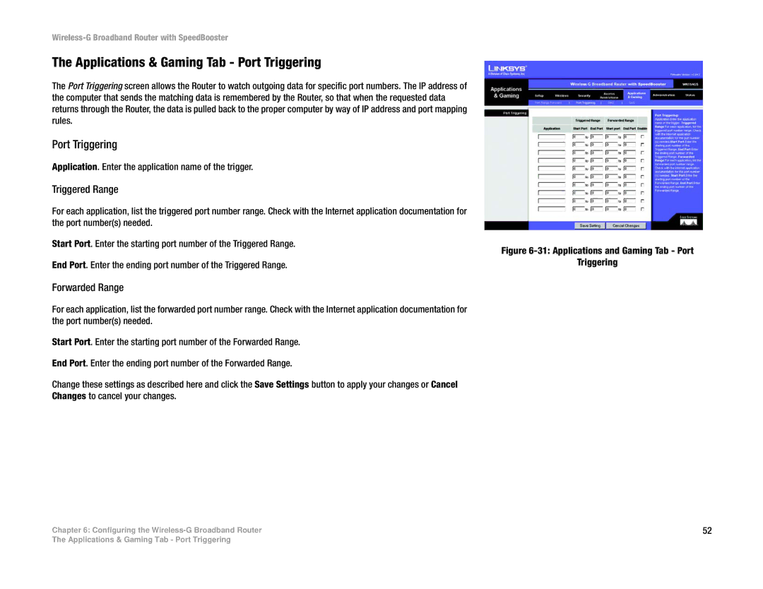 Linksys WRT54GS manual Applications & Gaming Tab Port Triggering 