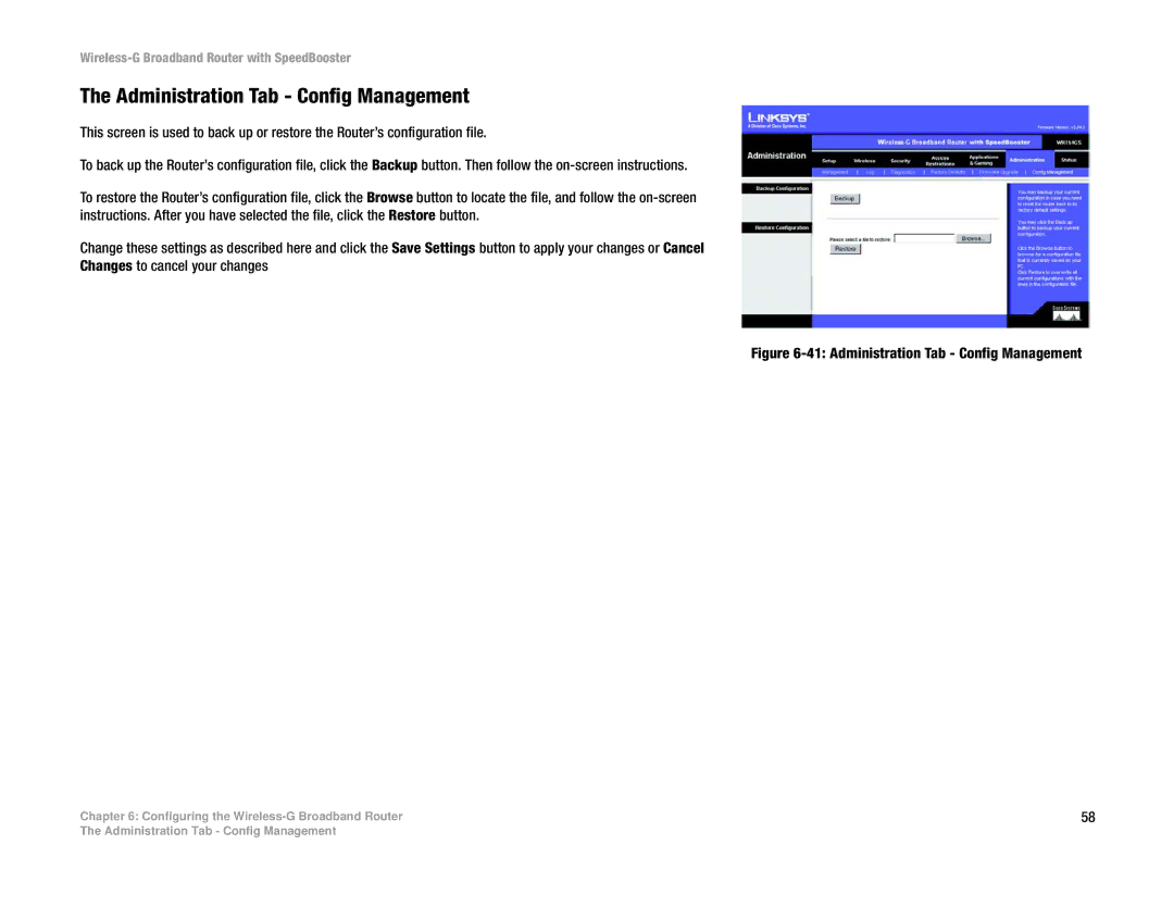 Linksys WRT54GS manual Administration Tab Config Management 