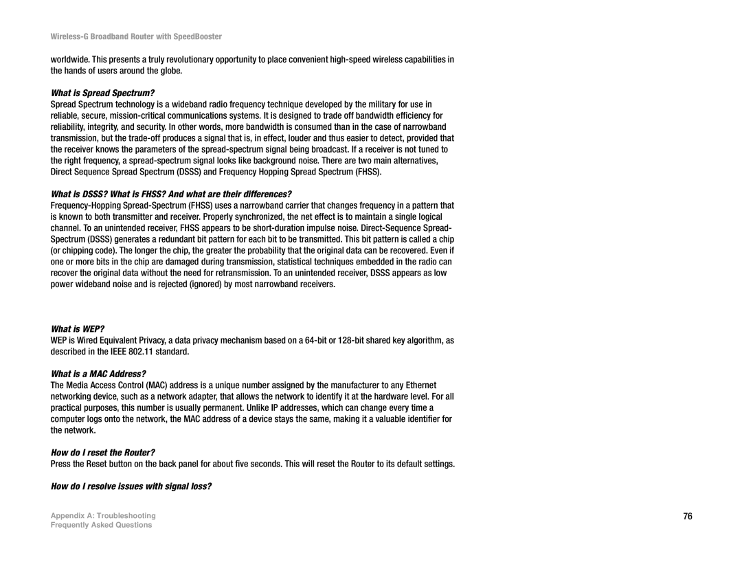 Linksys WRT54GS manual What is Spread Spectrum?, What is DSSS? What is FHSS? And what are their differences?, What is WEP? 