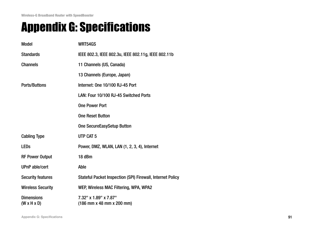 Linksys WRT54GS manual Appendix G Specifications, Model, Standards 