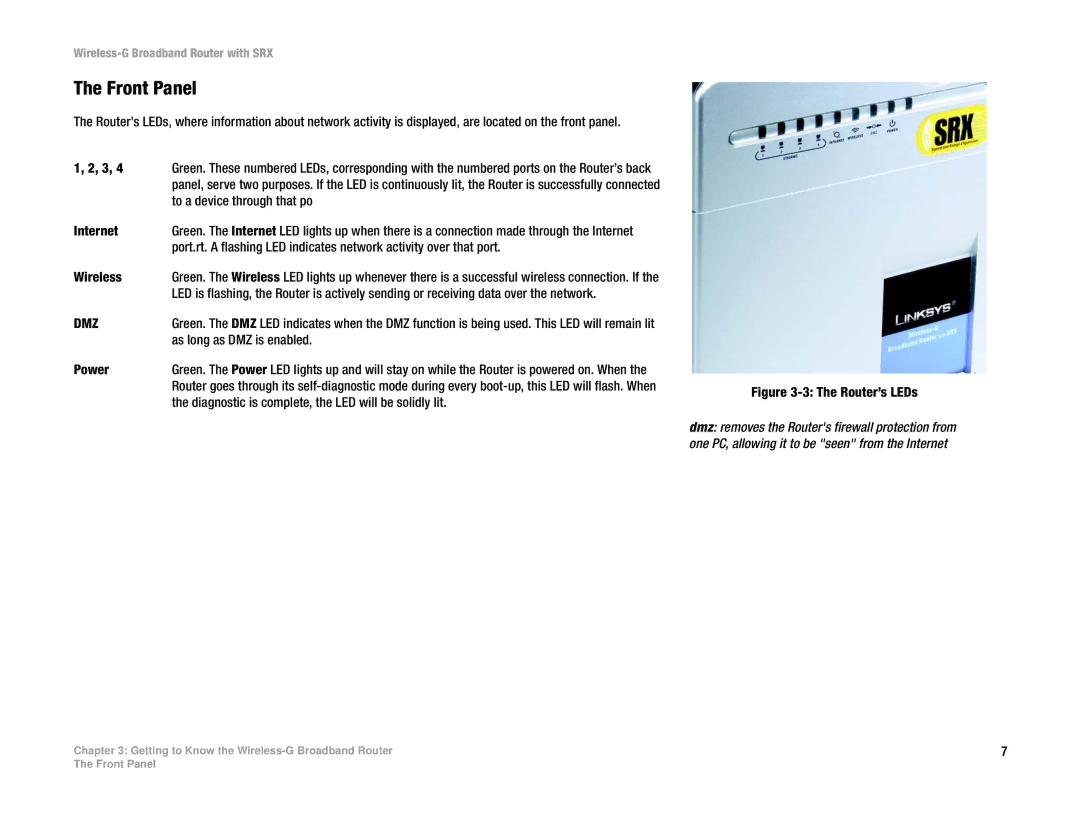 Linksys WRT54GX manual Front Panel, Dmz 