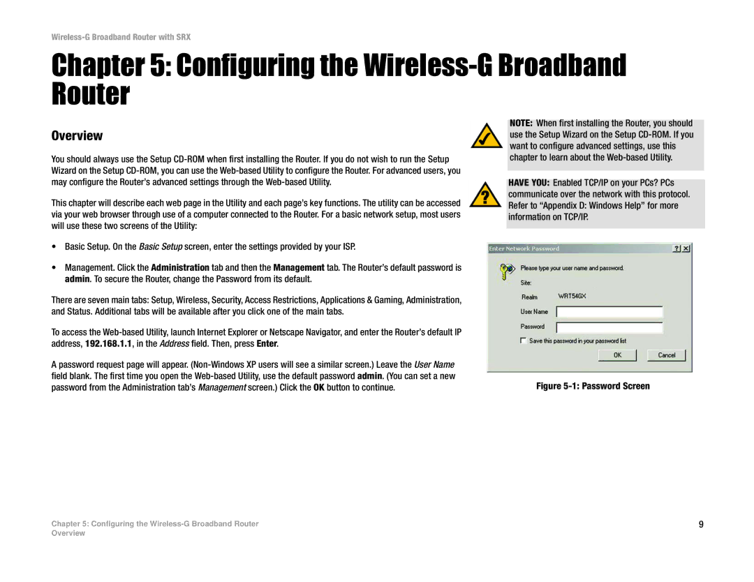 Linksys WRT54GX manual Configuring the Wireless-G Broadband Router, Password Screen 