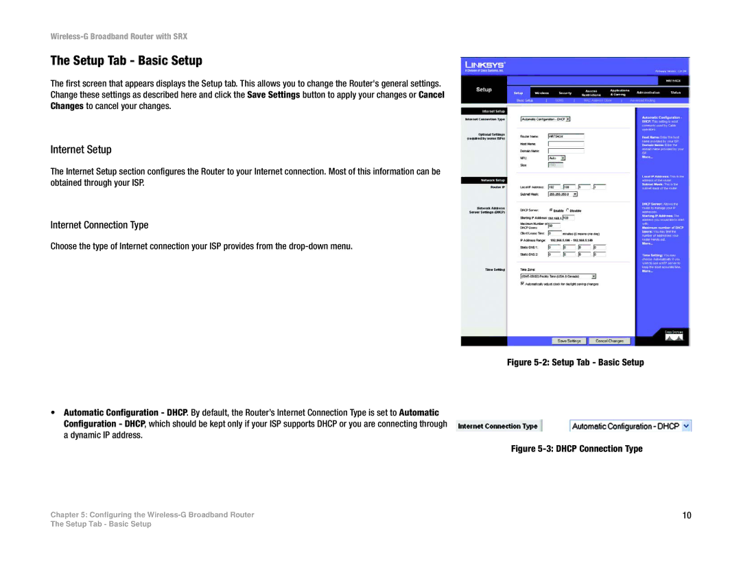 Linksys WRT54GX manual Setup Tab Basic Setup, Internet Setup 