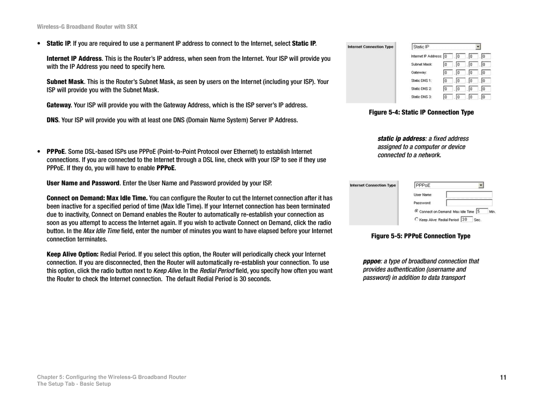 Linksys WRT54GX manual Static IP Connection Type 