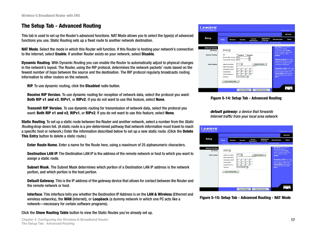 Linksys WRT54GX manual Setup Tab Advanced Routing 