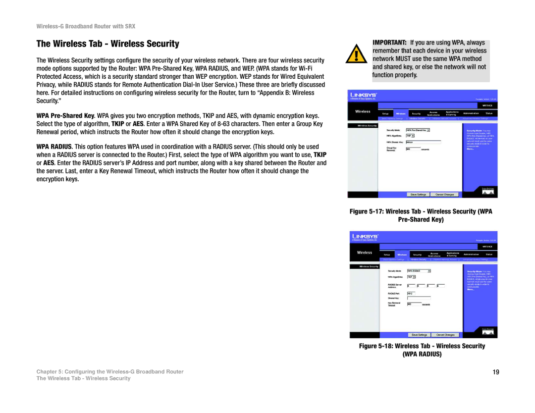 Linksys WRT54GX manual Wireless Tab Wireless Security, WPA Radius 