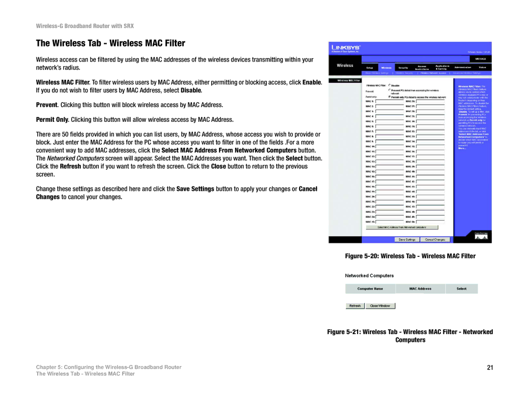 Linksys WRT54GX manual Wireless Tab Wireless MAC Filter 