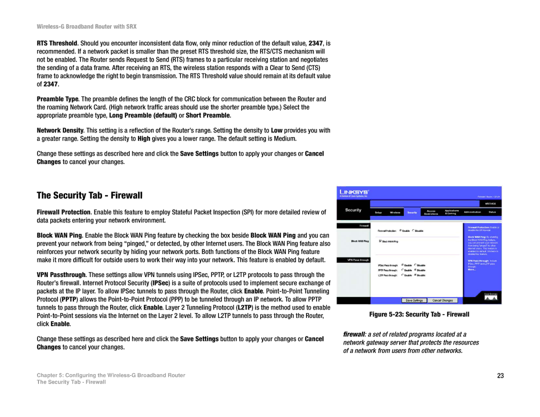 Linksys WRT54GX manual Security Tab Firewall 