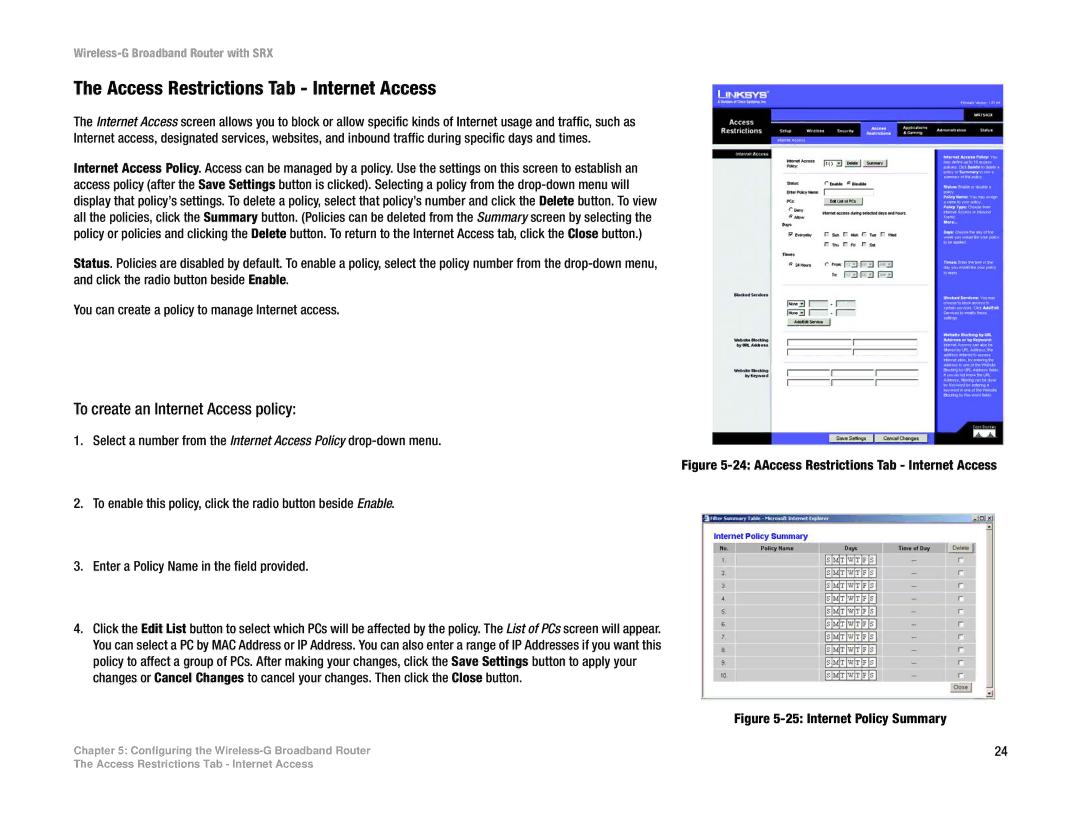 Linksys WRT54GX manual Access Restrictions Tab Internet Access, To create an Internet Access policy 