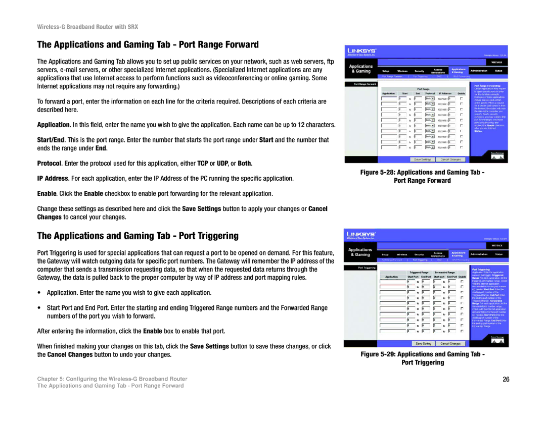 Linksys WRT54GX manual Applications and Gaming Tab Port Range Forward, Applications and Gaming Tab Port Triggering 