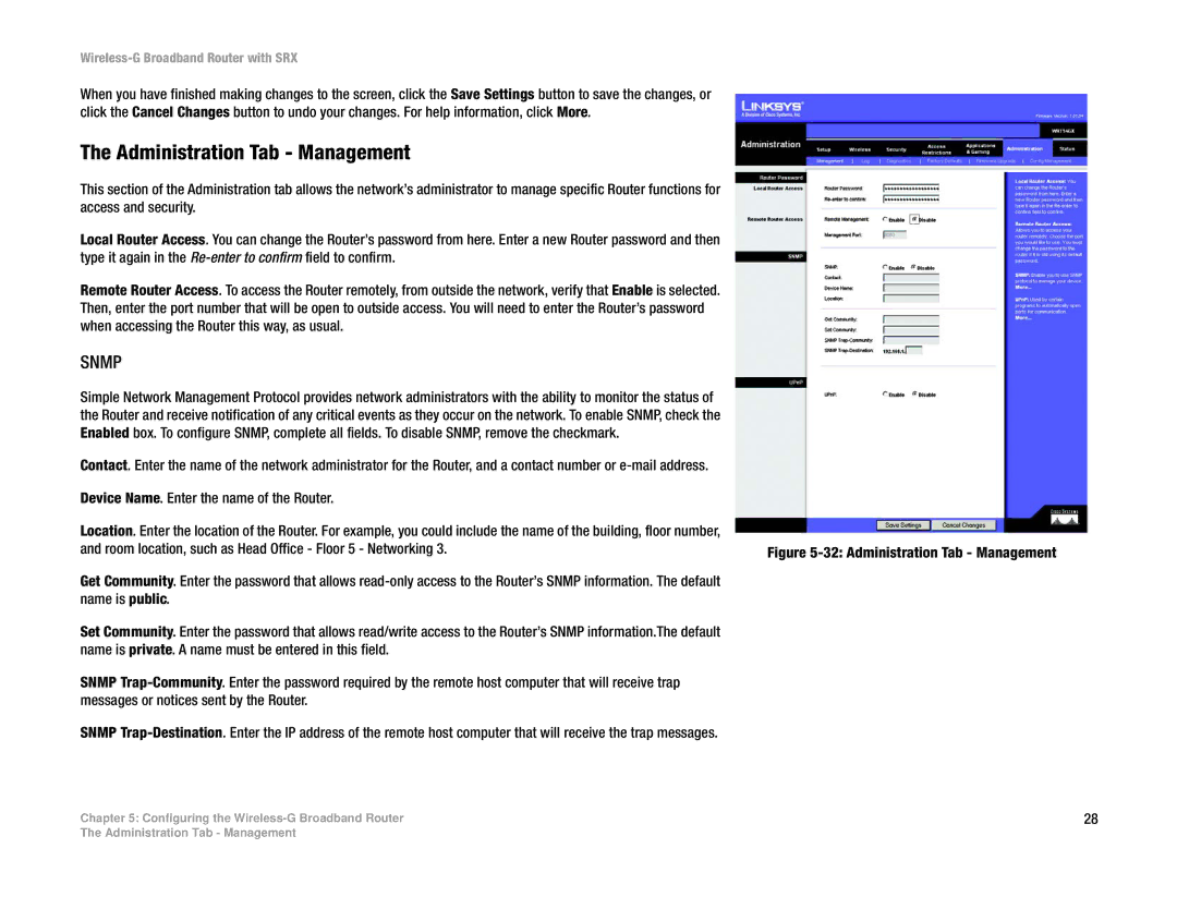 Linksys WRT54GX manual Administration Tab Management, Snmp 