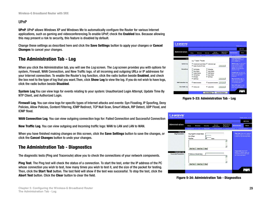 Linksys WRT54GX manual Administration Tab Log, Administration Tab Diagnostics, UPnP 