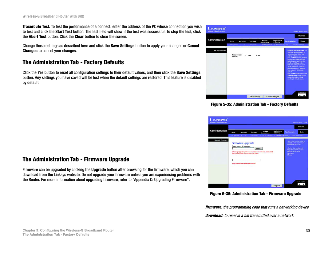 Linksys WRT54GX manual Administration Tab Factory Defaults, Administration Tab Firmware Upgrade 