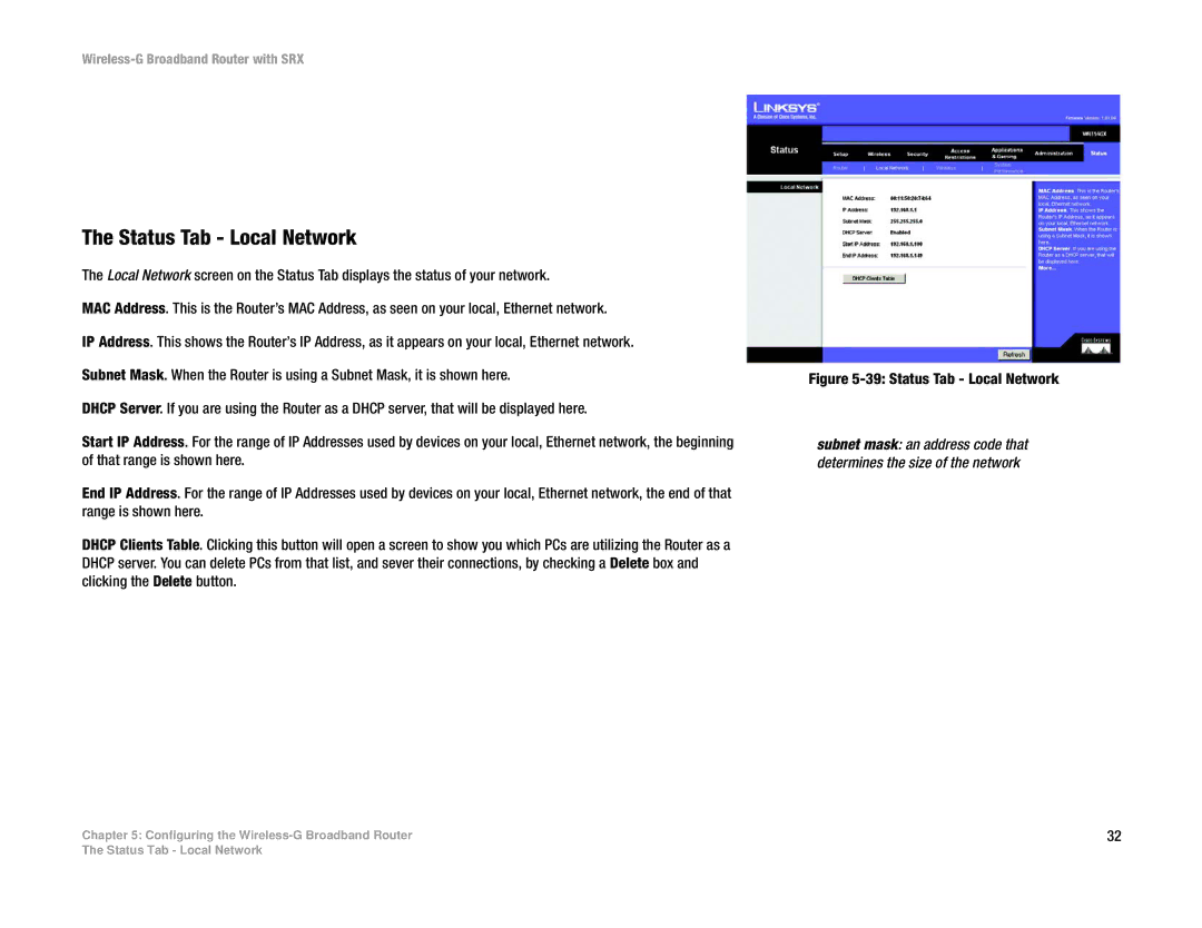 Linksys WRT54GX manual Status Tab Local Network 