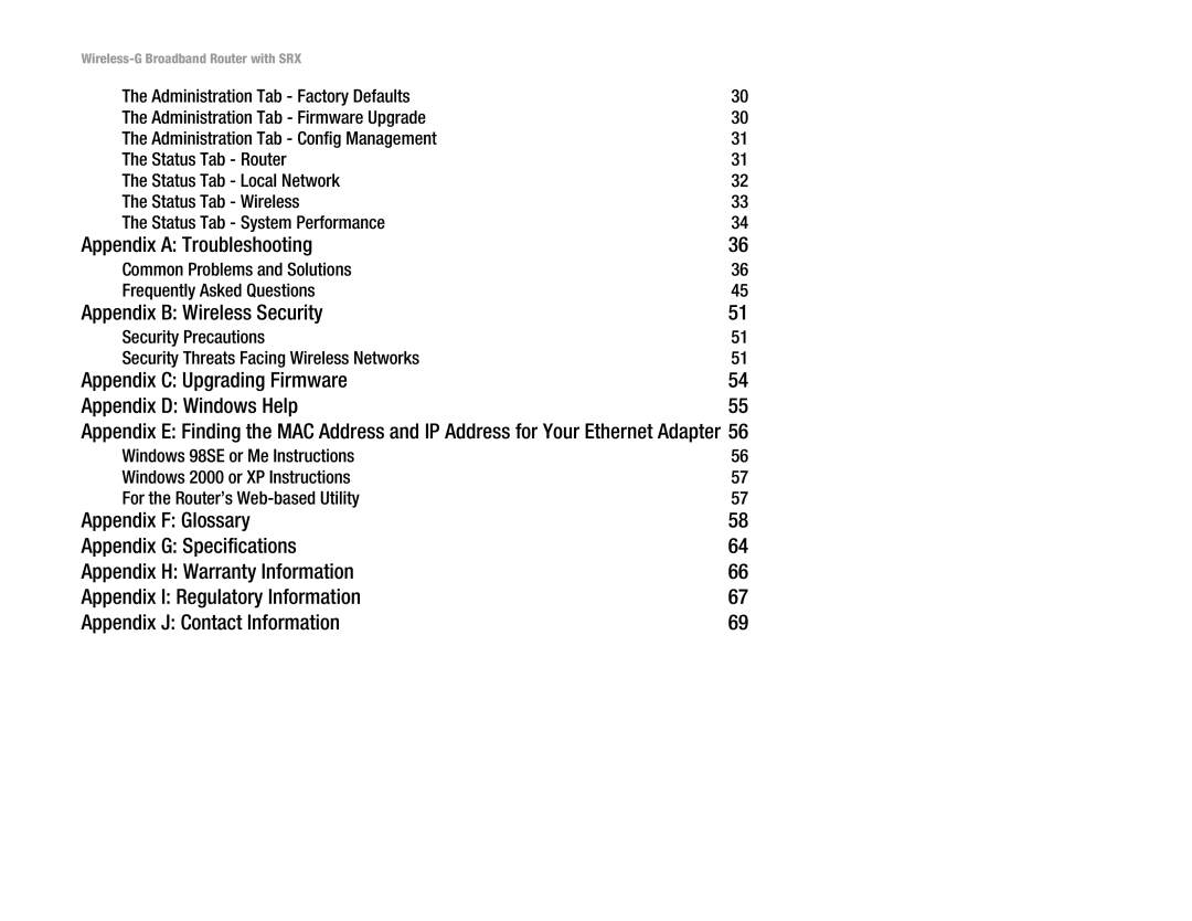 Linksys WRT54GX manual Appendix a Troubleshooting, Appendix B Wireless Security 