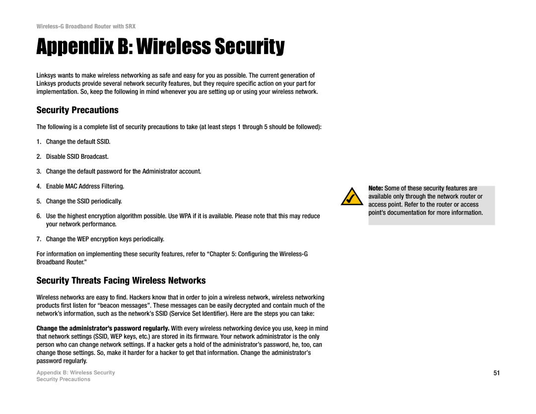 Linksys WRT54GX manual Appendix B Wireless Security, Security Precautions, Security Threats Facing Wireless Networks 