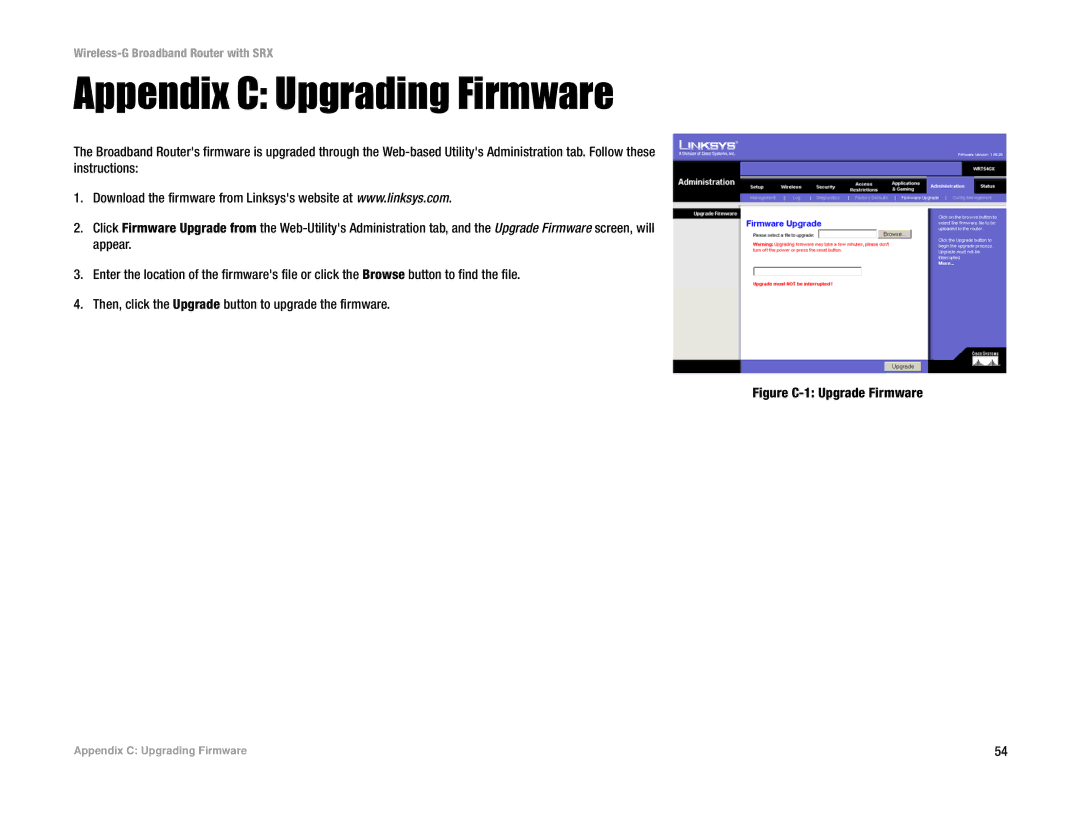 Linksys WRT54GX manual Appendix C Upgrading Firmware, Figure C-1 Upgrade Firmware 