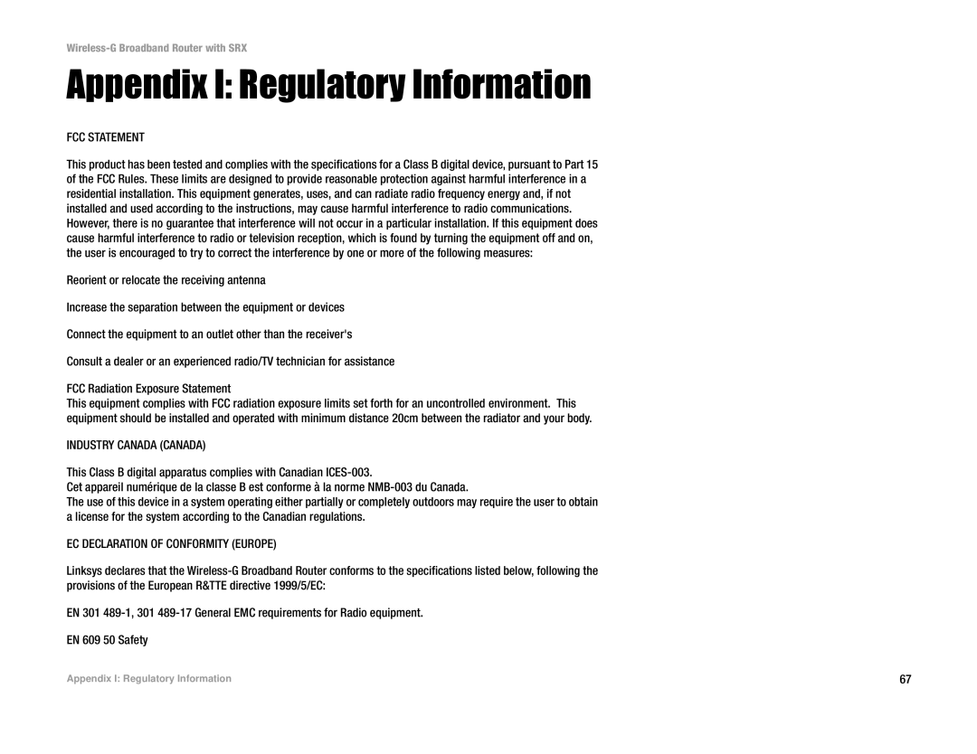 Linksys WRT54GX manual Appendix I Regulatory Information, FCC Statement 