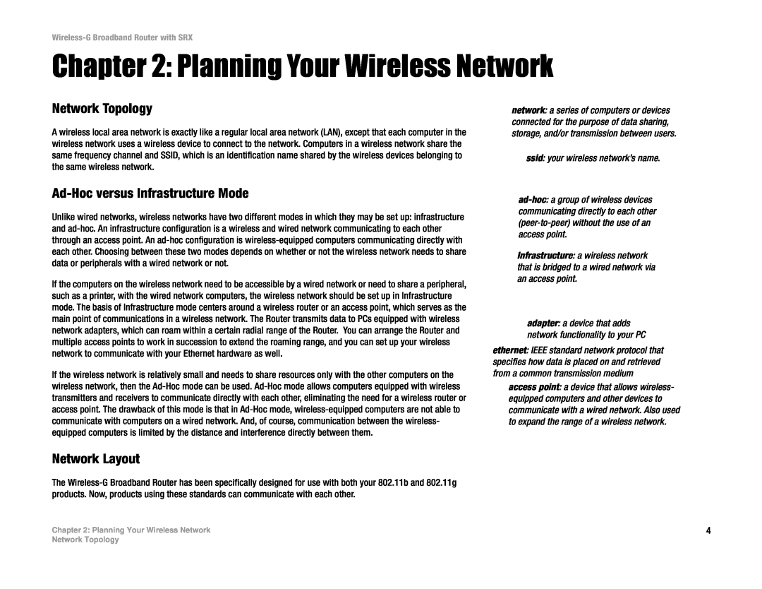 Linksys WRT54GX manual Planning Your Wireless Network, Network Topology, Ad-Hoc versus Infrastructure Mode, Network Layout 