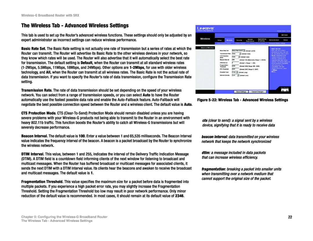 Linksys WRT54GX manual The Wireless Tab - Advanced Wireless Settings 