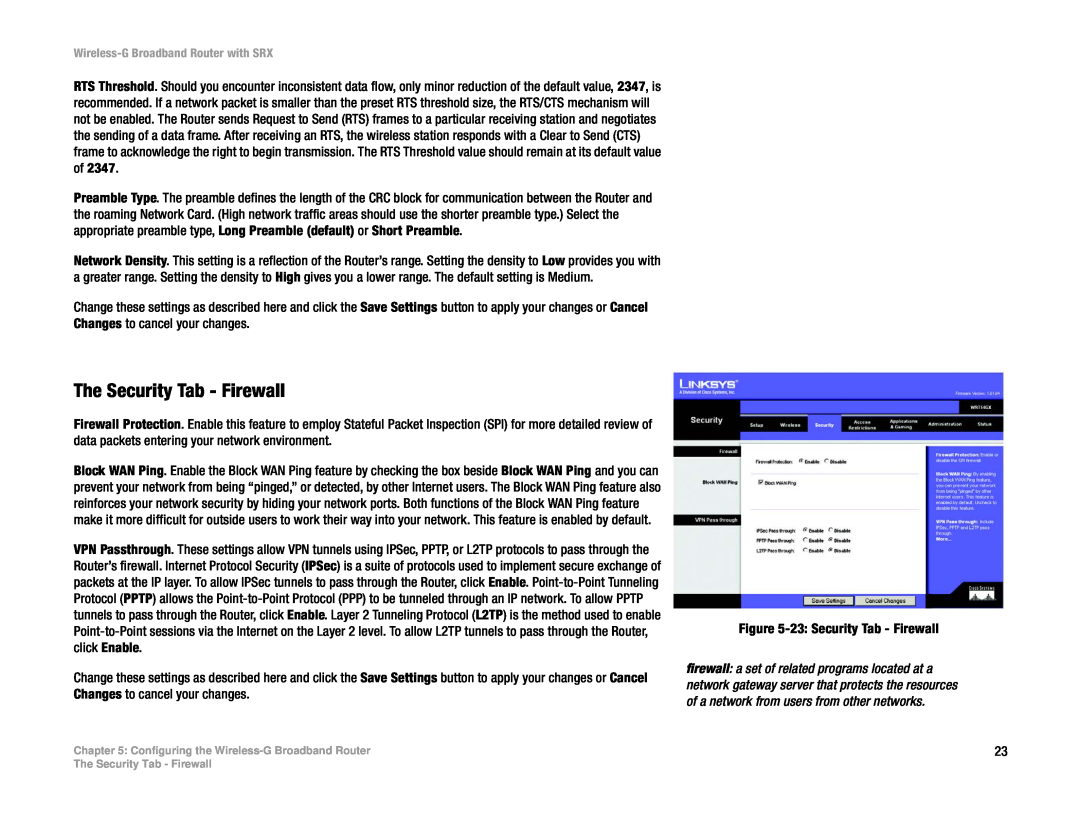 Linksys WRT54GX manual The Security Tab - Firewall 