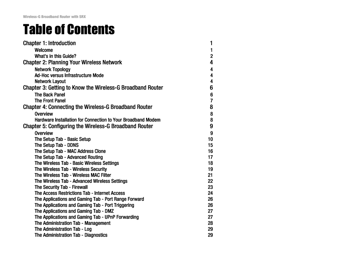 Linksys WRT54GX manual Table of Contents, Introduction, Planning Your Wireless Network 
