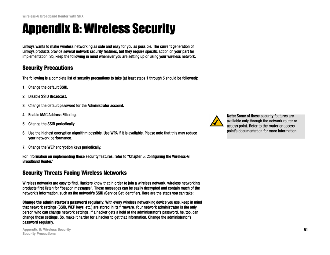 Linksys WRT54GX manual Appendix B Wireless Security, Security Precautions, Security Threats Facing Wireless Networks 