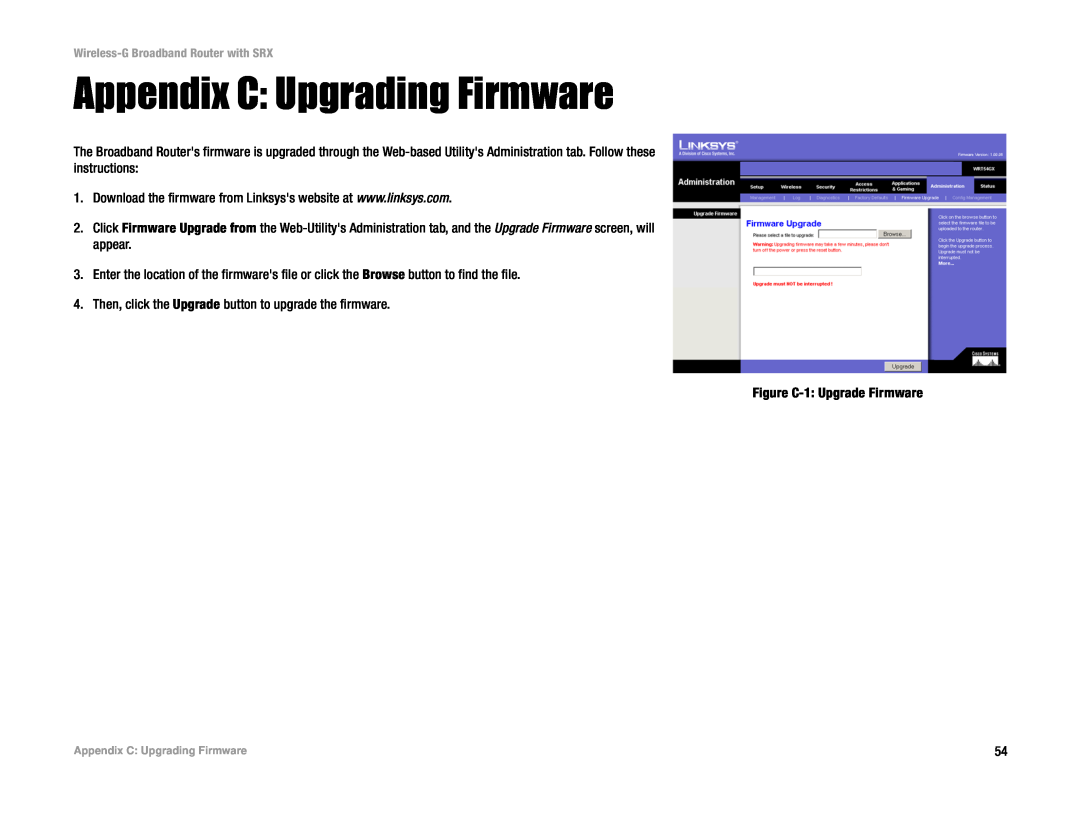Linksys WRT54GX manual Appendix C Upgrading Firmware 
