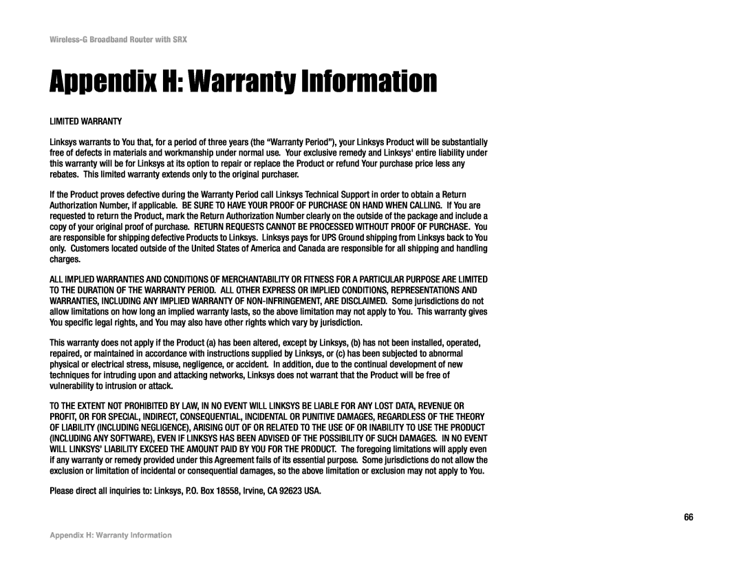 Linksys WRT54GX manual Appendix H Warranty Information 