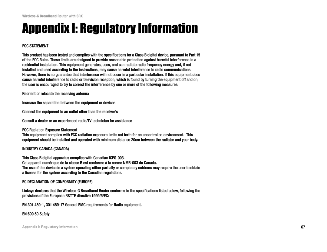 Linksys WRT54GX manual Appendix I Regulatory Information 