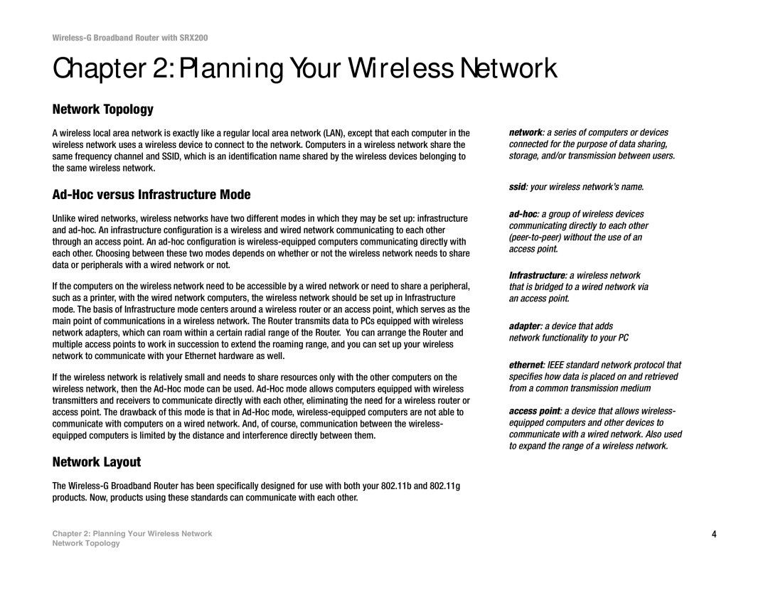 Linksys WRT54GX2 manual Planning Your Wireless Network, Network Topology, Ad-Hoc versus Infrastructure Mode, Network Layout 