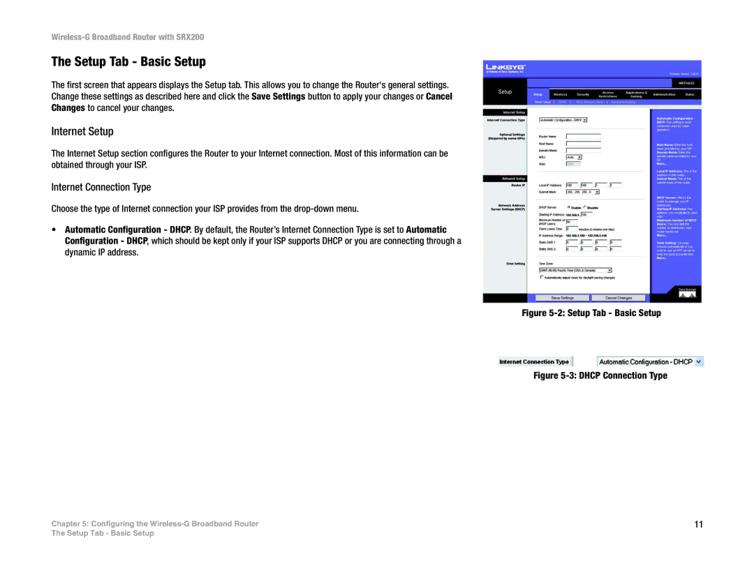 Linksys WRT54GX2 manual Setup Tab Basic Setup, Internet Setup, Internet Connection Type 