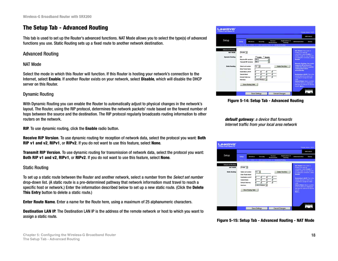 Linksys WRT54GX2 manual Setup Tab Advanced Routing, NAT Mode, Dynamic Routing, Static Routing 