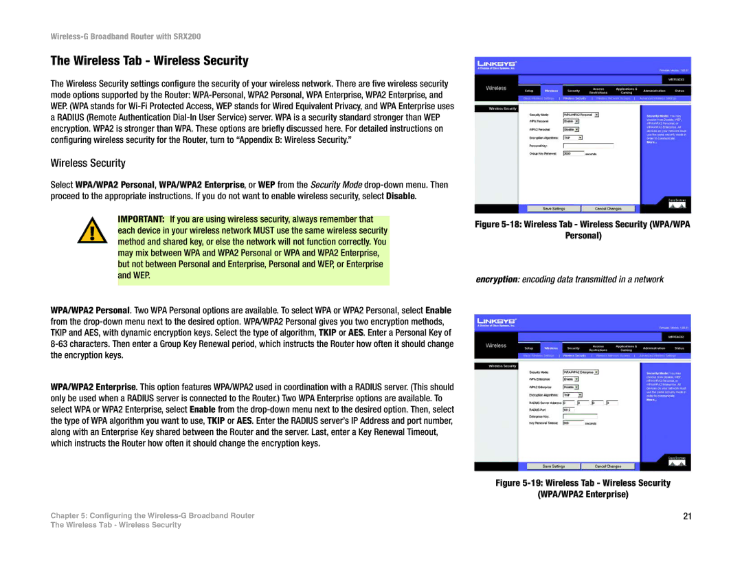 Linksys WRT54GX2 manual Wireless Tab Wireless Security, Encryption encoding data transmitted in a network 