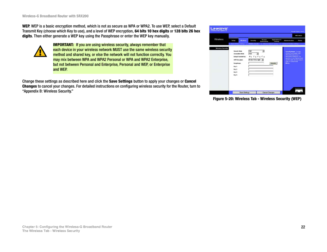 Linksys WRT54GX2 manual Wireless Tab Wireless Security WEP 