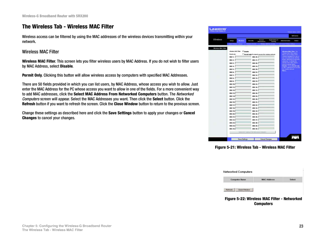 Linksys WRT54GX2 manual Wireless Tab Wireless MAC Filter 