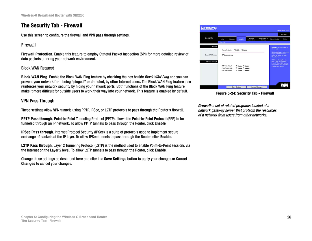 Linksys WRT54GX2 manual Security Tab Firewall, VPN Pass Through, Block WAN Request 