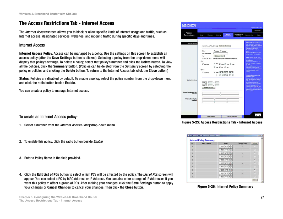 Linksys WRT54GX2 manual Access Restrictions Tab Internet Access, To create an Internet Access policy 