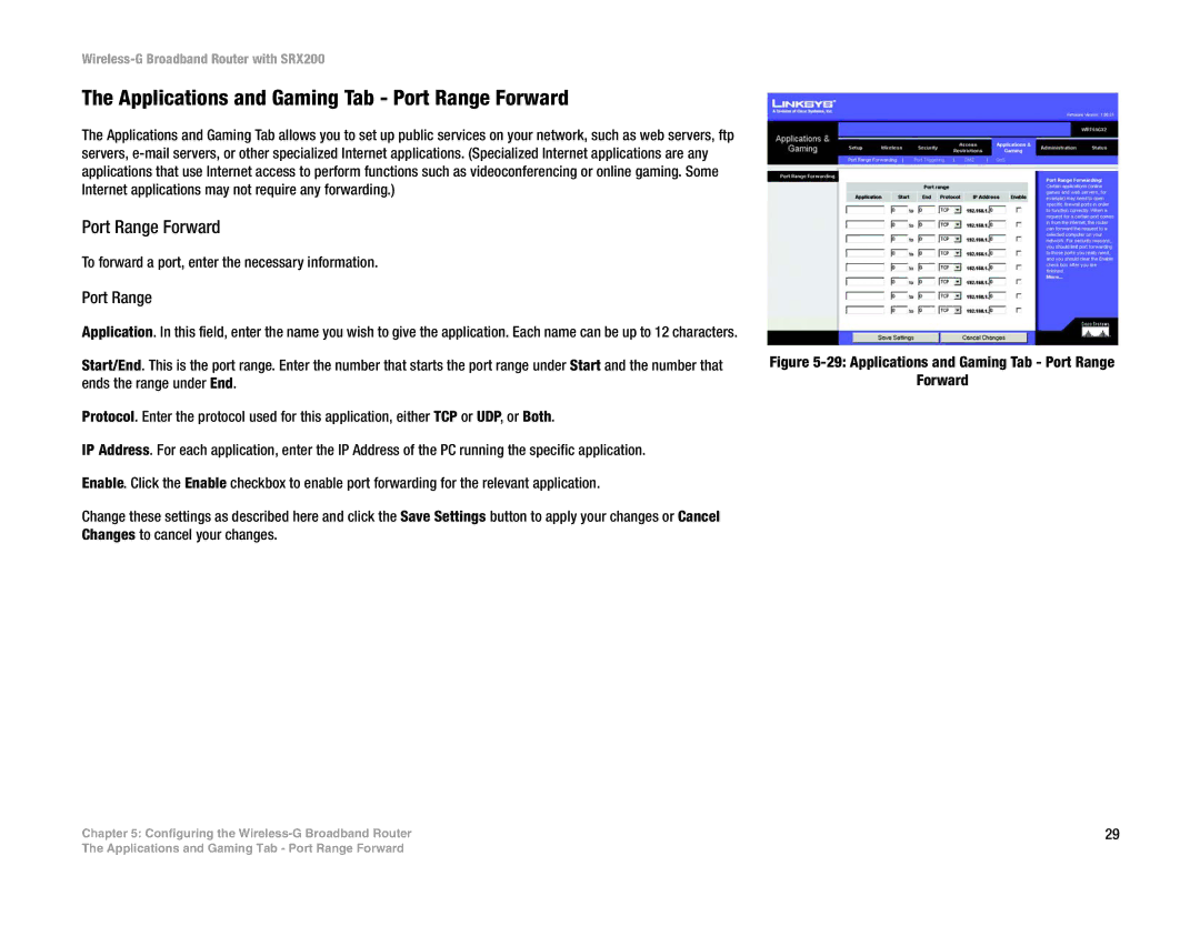 Linksys WRT54GX2 manual Applications and Gaming Tab Port Range Forward 