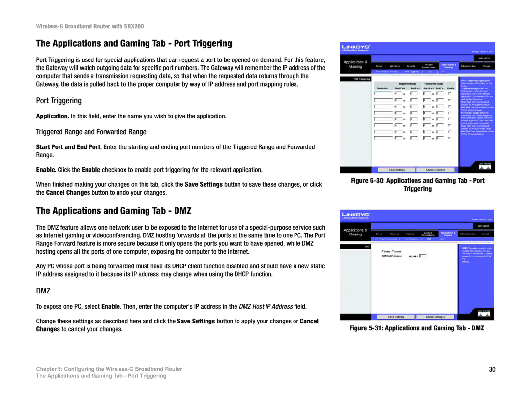 Linksys WRT54GX2 manual Applications and Gaming Tab Port Triggering, Applications and Gaming Tab DMZ 