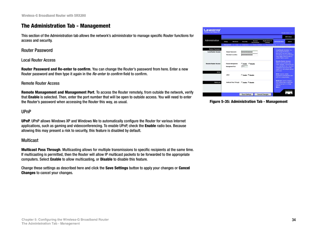 Linksys WRT54GX2 manual Administration Tab Management, Router Password, UPnP, Multicast 