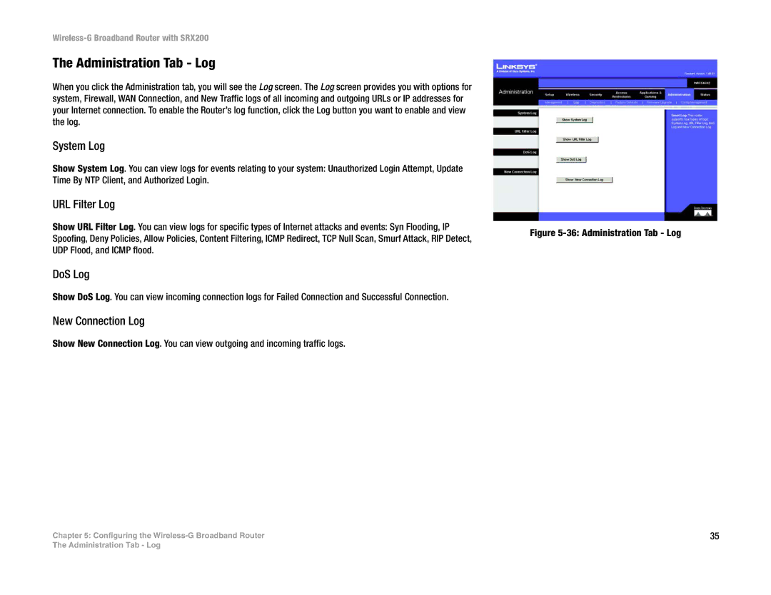 Linksys WRT54GX2 manual Administration Tab Log, System Log, URL Filter Log, DoS Log, New Connection Log 