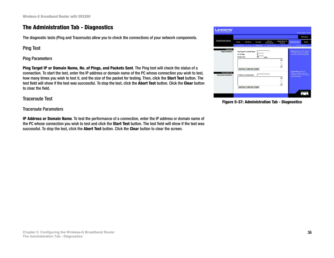 Linksys WRT54GX2 manual Administration Tab Diagnostics, Ping Test, Traceroute Test, Ping Parameters, Traceroute Parameters 